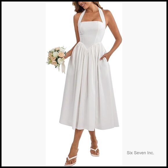 Floral Halter Corset Midi Dress with Pockets 95%Polyester 5%Elastane